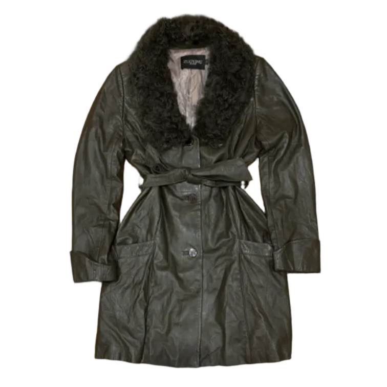 Vintage Fur Collar Leather Trench Coat