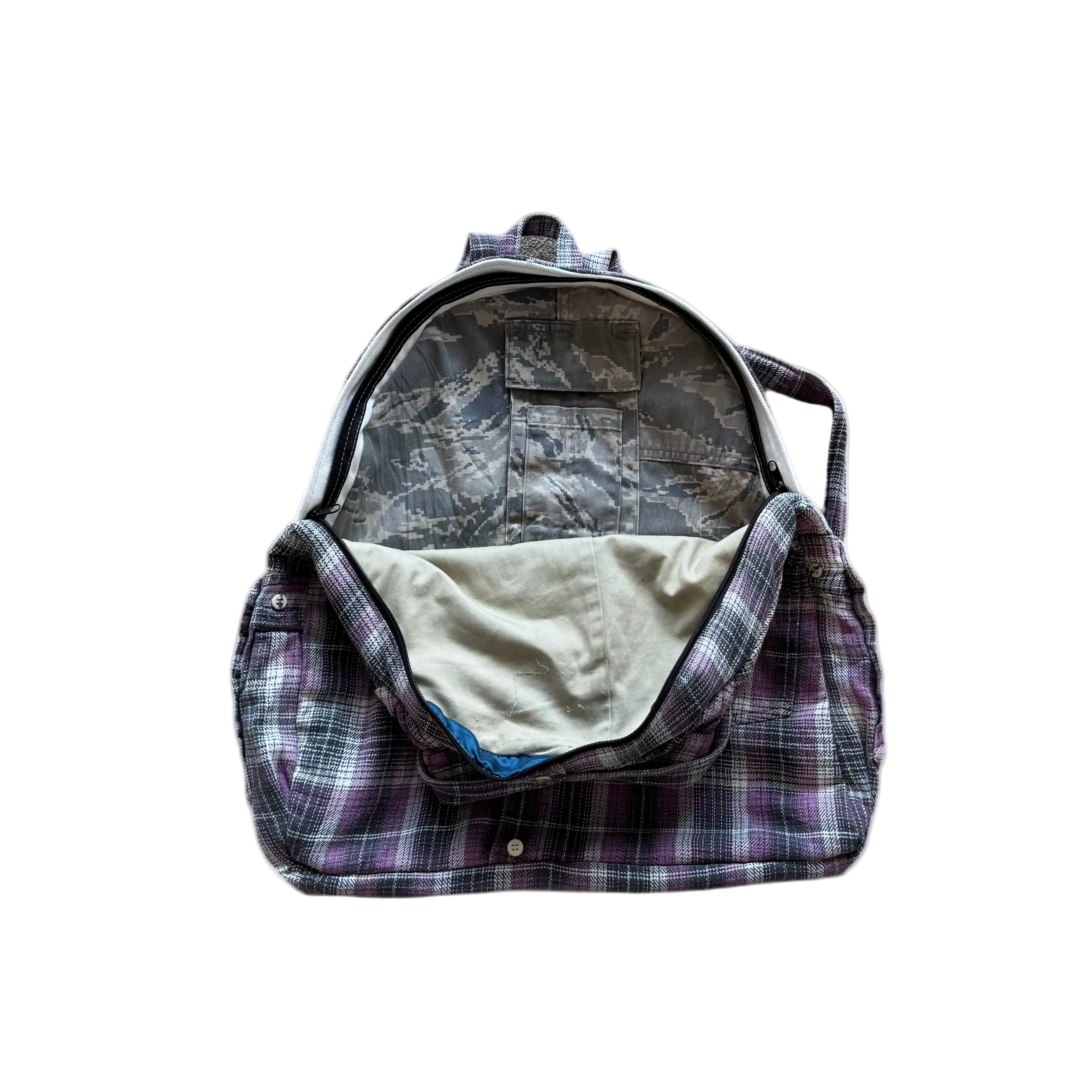 Reworked purple collar shirt backpack