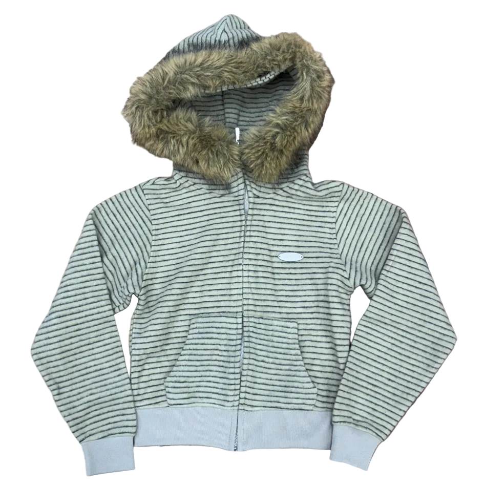 Fur Hood Stripped Zip Up Hoodie