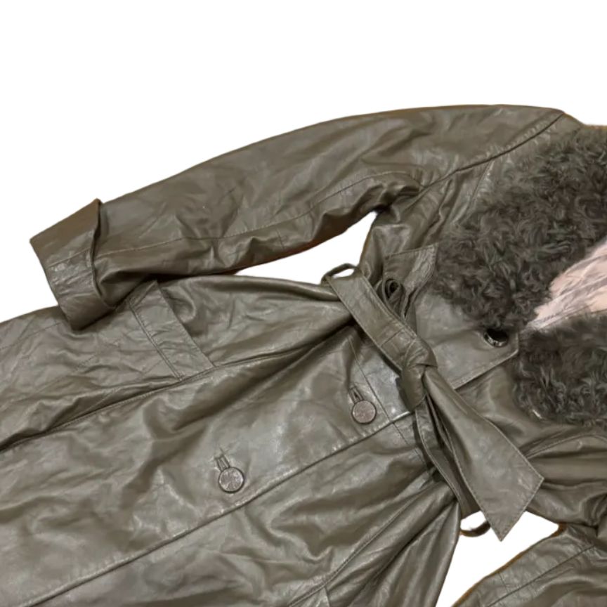 Vintage Fur Collar Leather Trench Coat