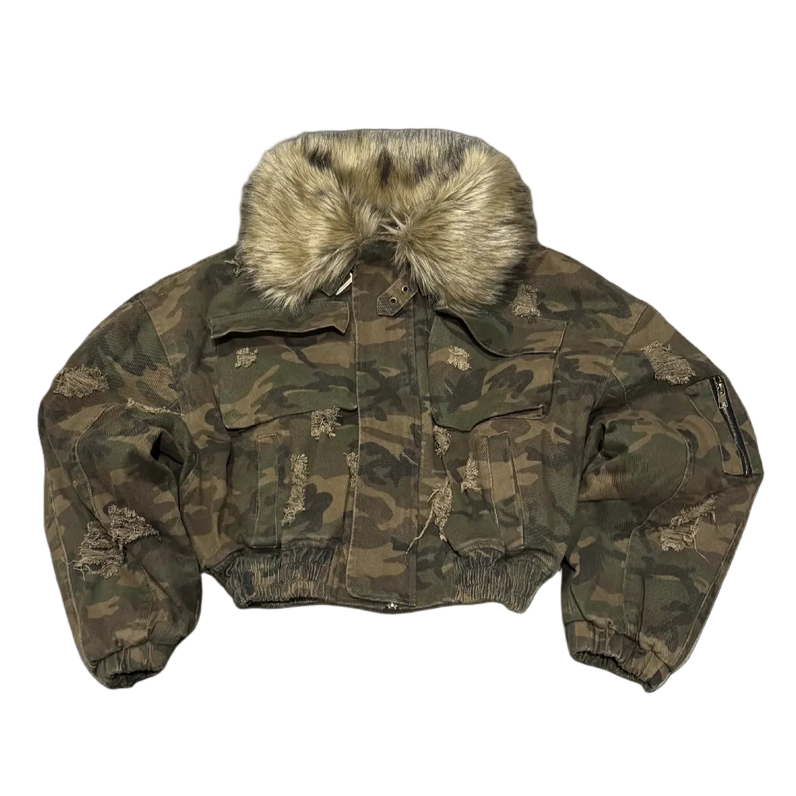 Fur Collar Distressed Camo Jacket
