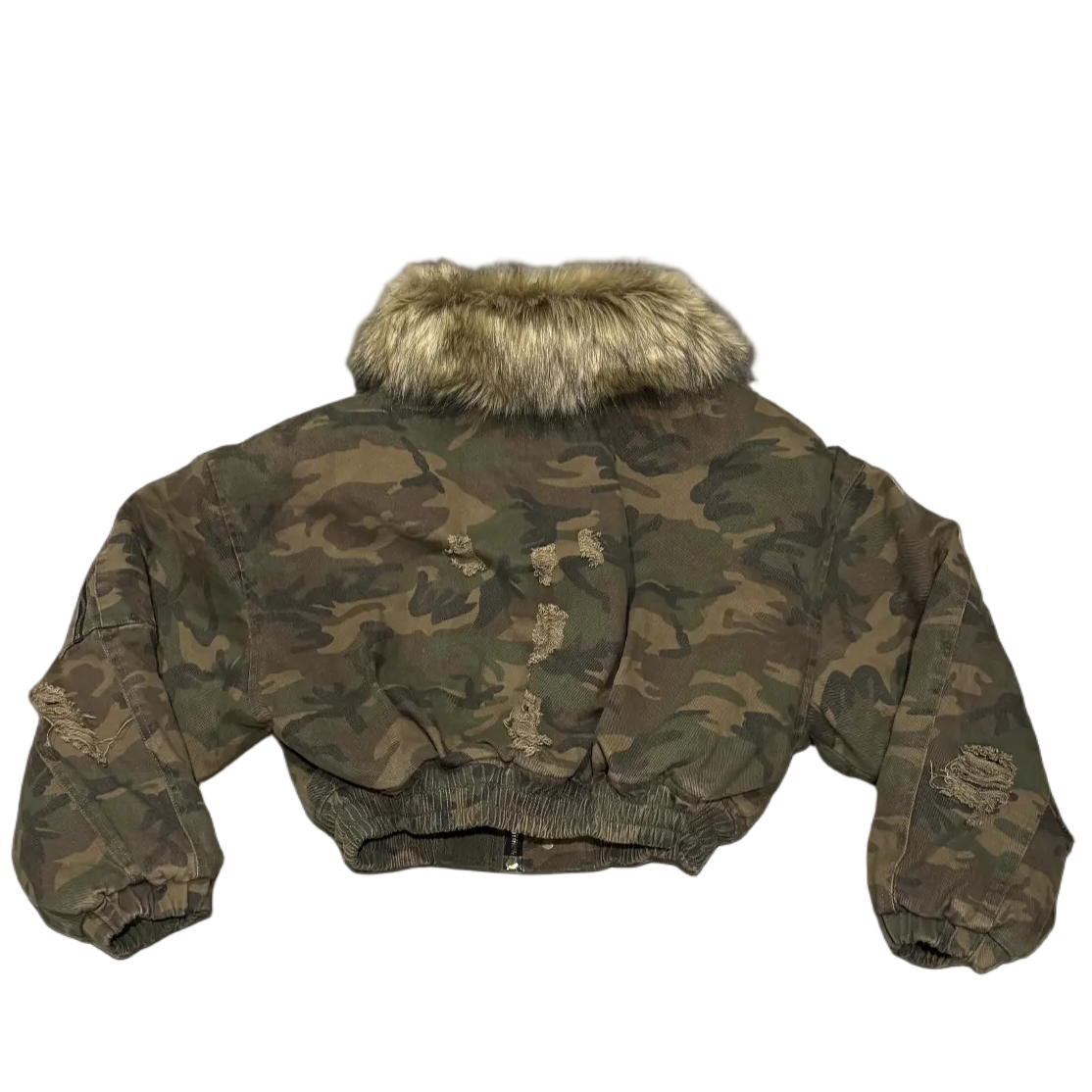 Fur Collar Distressed Camo Jacket